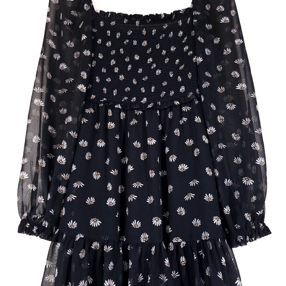 NEW Wilfred Laken Mini Dress Sheer Puff Sleeve Smocked in Black Daisy Floral XXS - Picture 7 of 13